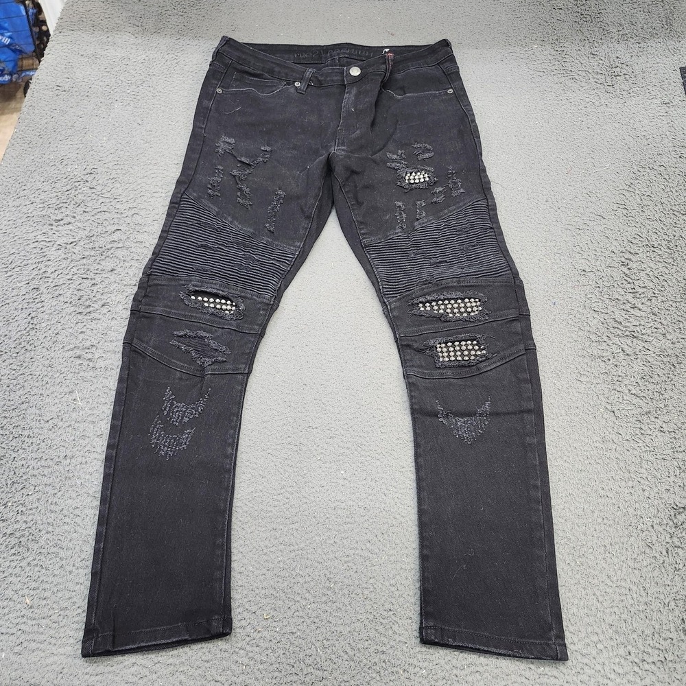 Rue21 Jeans Mens 33x29 Black Charcoal Wash Skinny Biker Denim Distressed Moto